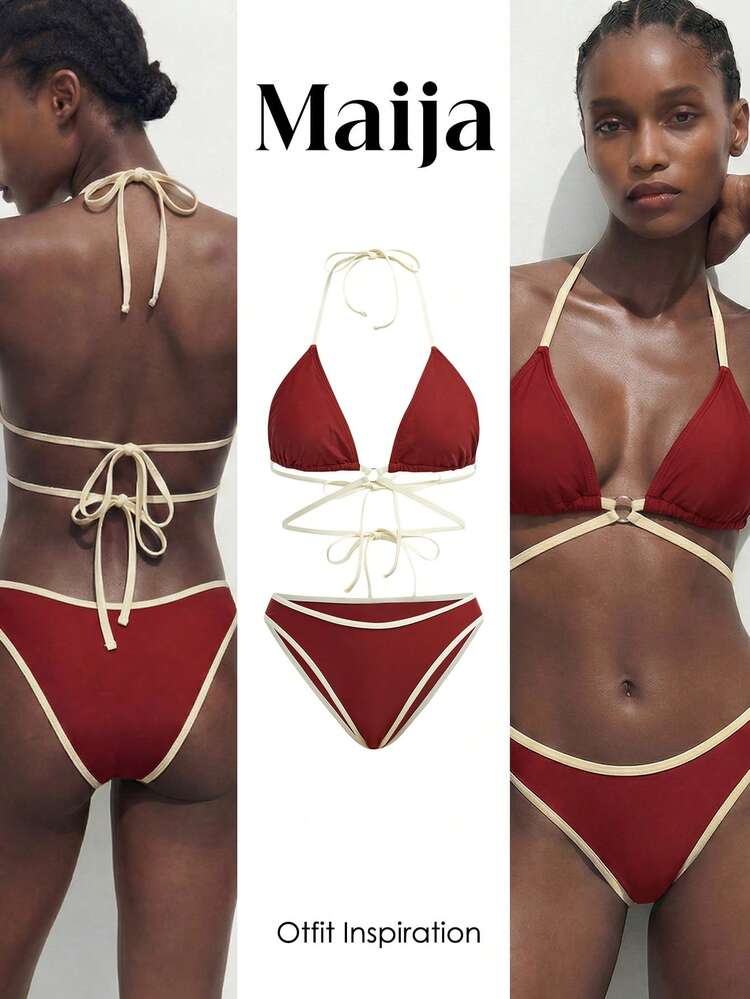 SHEIN Maija Women's Red Summer Cute Beach Holiday Contrast Trim Tie-Up Backless Knotted Halter Split Bikini Set,Curve 2 Pieces Bathing Suit Swimwears For Woman
