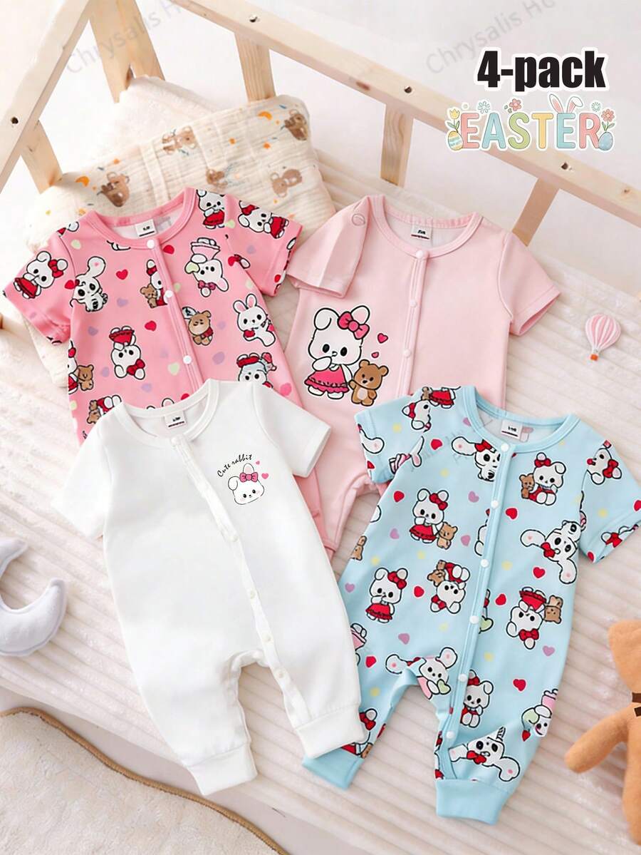 4-Piece Baby Cute Short Sleeve Jumpsuits For Summer,Pink Blue White Rabbit Bear Heart Print Sleepwear Jumpsuits For Family Matching Toddler - Multicolor - View 1