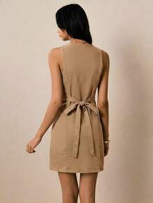 Poéselle Women's Sommer Casual Front Button Sleeveless Denim Dress Everyday Khaki - Khaki - View 2