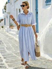 Breezaya Women's Casual Striped Loose Pocket Lapel Dress, Summer - Blue - View 4