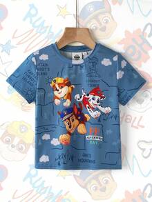 SHEIN | PAW Patrol Áo thun ngắn tay in chữ hoạt hình ngộ nghĩnh, phong cách thường ngày, thời trang cho bé trai, thích hợp mặc đi làm hàng ngày, mùa hè. - Màu xanh lá cây đậm - Xem 1