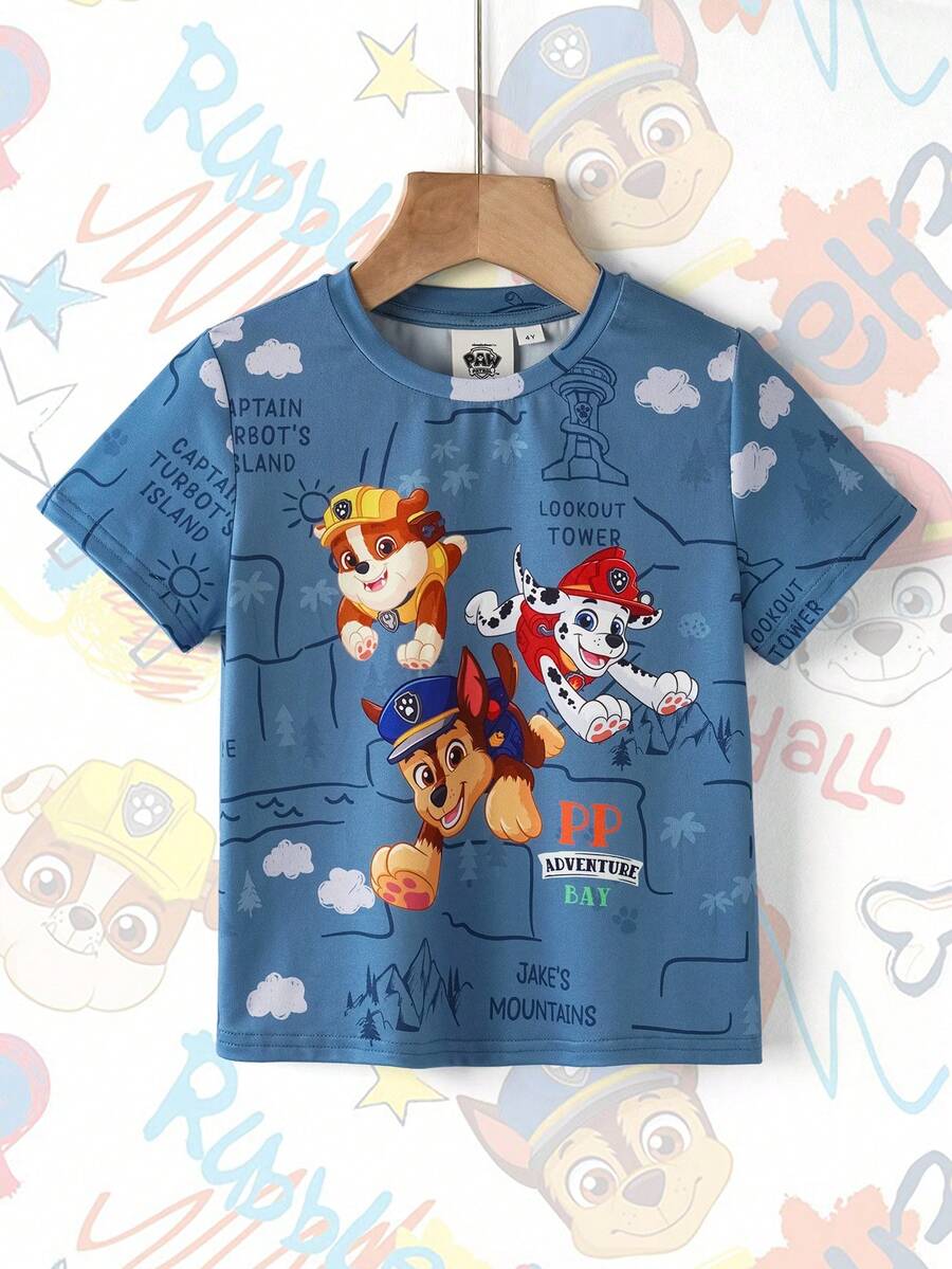SHEIN | PAW Patrol Áo thun ngắn tay in chữ hoạt hình ngộ nghĩnh, phong cách thường ngày, thời trang cho bé trai, thích hợp mặc đi làm hàng ngày, mùa hè. - Màu xanh lá cây đậm - Xem 1