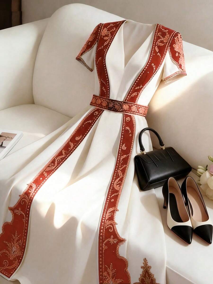 GlowEve 女士优雅时尚V领短袖收腰印花长连衣裙，适合日常通勤和休闲穿着 - 紅木色 - 查看 1