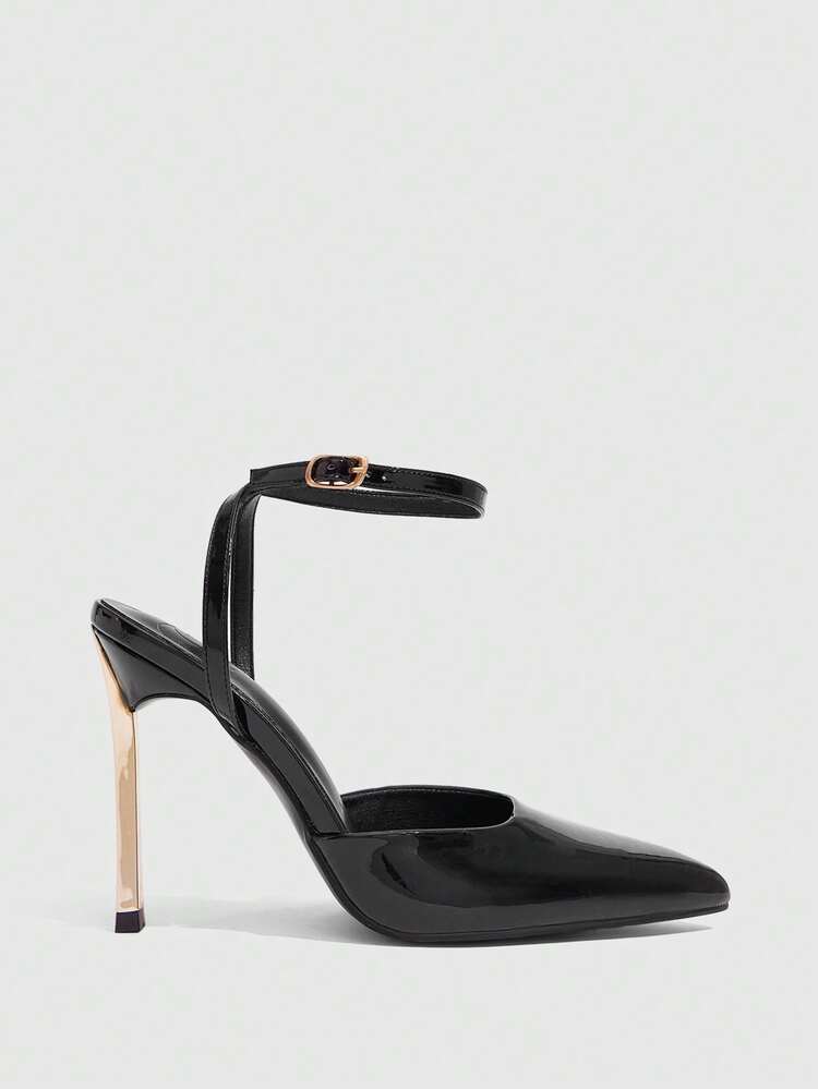 CUCCOO SZL Women Shoes Women's Pointed Stiletto Metal Heel Black Back Ankle Strap Temperament Elegant Fashion Sexy Women's High Heels Shoes Suitable For Parties, Parties, Banquets And Other Occasions Women's Shoes