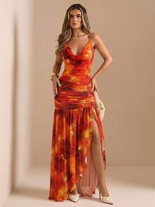 SHEIN BAE Đầm maxi dài xẻ cao, cổ sâu, họa tiết hoa/trơn, chất liệu xuyên thấu, thích hợp cho mùa xuân và hè, đi biển, gợi cảm và thanh lịch, phù hợp cho Giáng sinh, hẹn hò, tiệc cocktail, dạ hội trang trọng. - trái cam - Xem 5