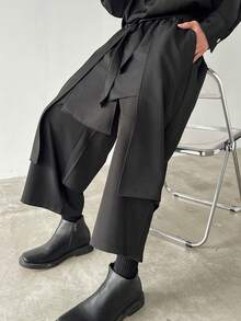 Manfinity Homme Quần dài nam cỡ lớn, kiểu dáng rộng rãi, có túi trước, thắt nơ, thích hợp mặc hàng ngày theo phong cách Nhật Bản. - màu đen - Xem 5
