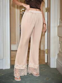 Modelyn Women's Solid Color Minimalist Elegant Lace Patchwork Casual Pants Chiffon Zenske Pantalone Flowy Lace Trim Pants Lounge Peach - Apricot - View 2