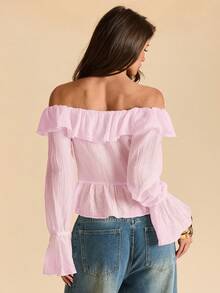 SHEIN BAE Áo kiểu trễ vai màu trắng, viền bèo nhún, tay áo buộc dây bất đối xứng, kiểu dáng lãng mạn mùa xuân, thích hợp cho kỳ nghỉ, ngày Valentine, mặc hàng ngày, phong cách công chúa. - Màu Hồng baby - Xem 2