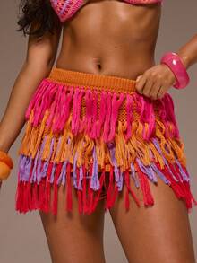 MUSERA Knitted Layered Fray Mini Skirt Girly Spring Summer Vacation Night Out Cute Occassion Golden Sands - Multicolor - View 1