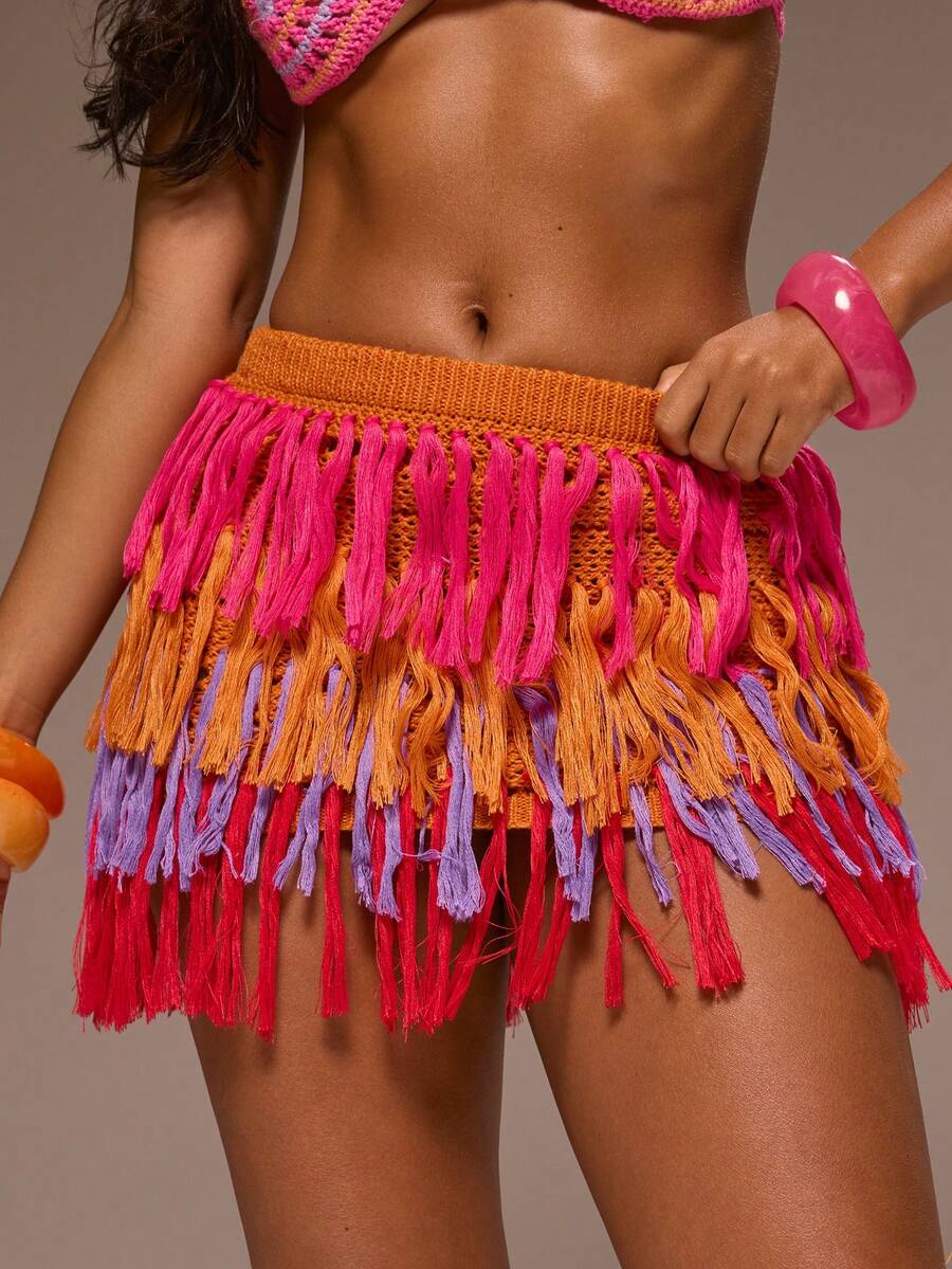 MUSERA Knitted Layered Fray Mini Skirt Girly Spring Summer Vacation Night Out Cute Occassion Golden Sands - Multicolor - View 1