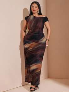 SHEIN BAE Vestido de punto largo con hombro asimétrico y teñido anudado para mujer de talla grande - Multicolor - Ver 8
