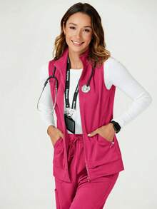 TaskEZ Women's Minimalist Solid Color Zip-Up Stand Collar Sleeveless Scrub Uniform Jacket - Hot Pink - View 3