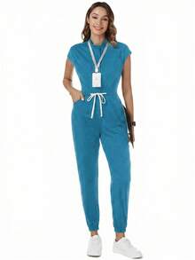 TaskEZ Uniforme de enfermera quirúrgica de mujer  TaskFit, bata de enfermera, uniforme de trabajador de salud con estampado de escarcha, mono con mangas de hombro, 4 bolsillos y cordón en la cintura - verde menta - Ver 5
