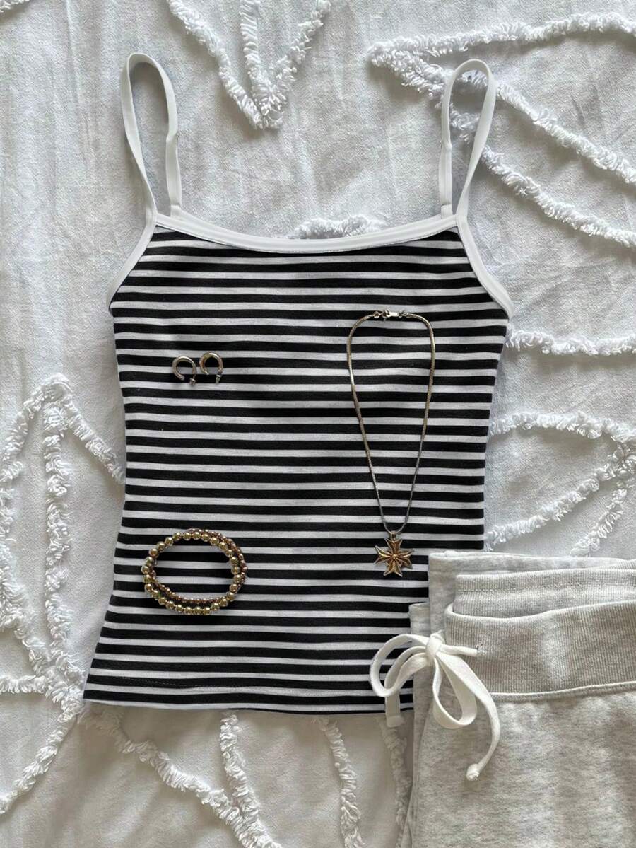 Glimmora Navy Blue Striped Casual Tank Top For Women, Summer - White - View 1