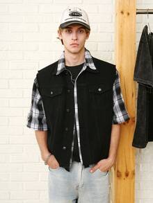 Zalmeno Áo khoác denim vest đơn hàng khuy, sờn dành cho nam - màu đen - Xem 4