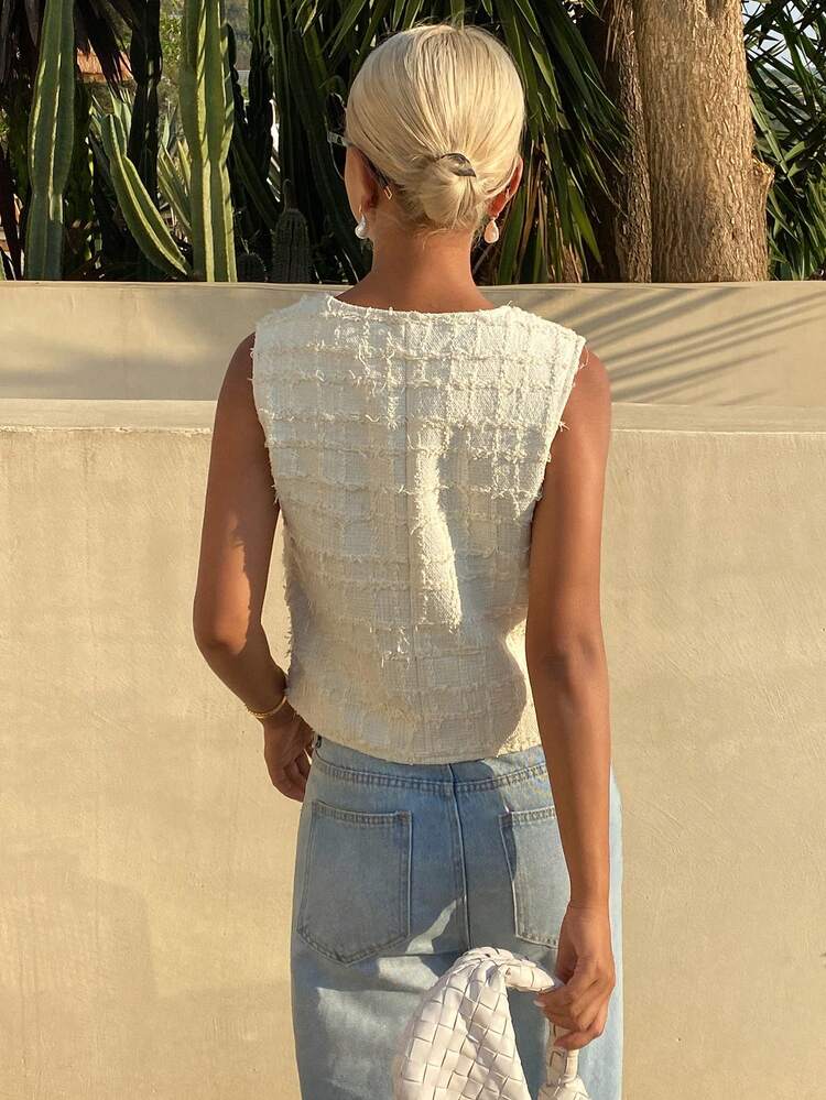 Women's Solid Color Textured V-Neck Sleeveless Vest, Elegant Casual Summer Lightweight Jacket