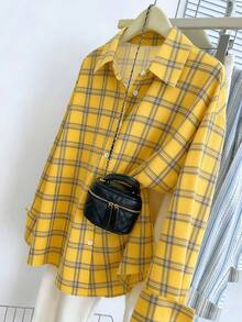 女士格子印花纽扣前开襟休闲长袖衬衫 - 彩色 - 查看 4