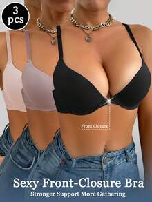 DesireSculpt Conjunto de 3 piezas de sujetador con cierre delantero en color albaricoque para mujeres - Multicolor - Ver 2