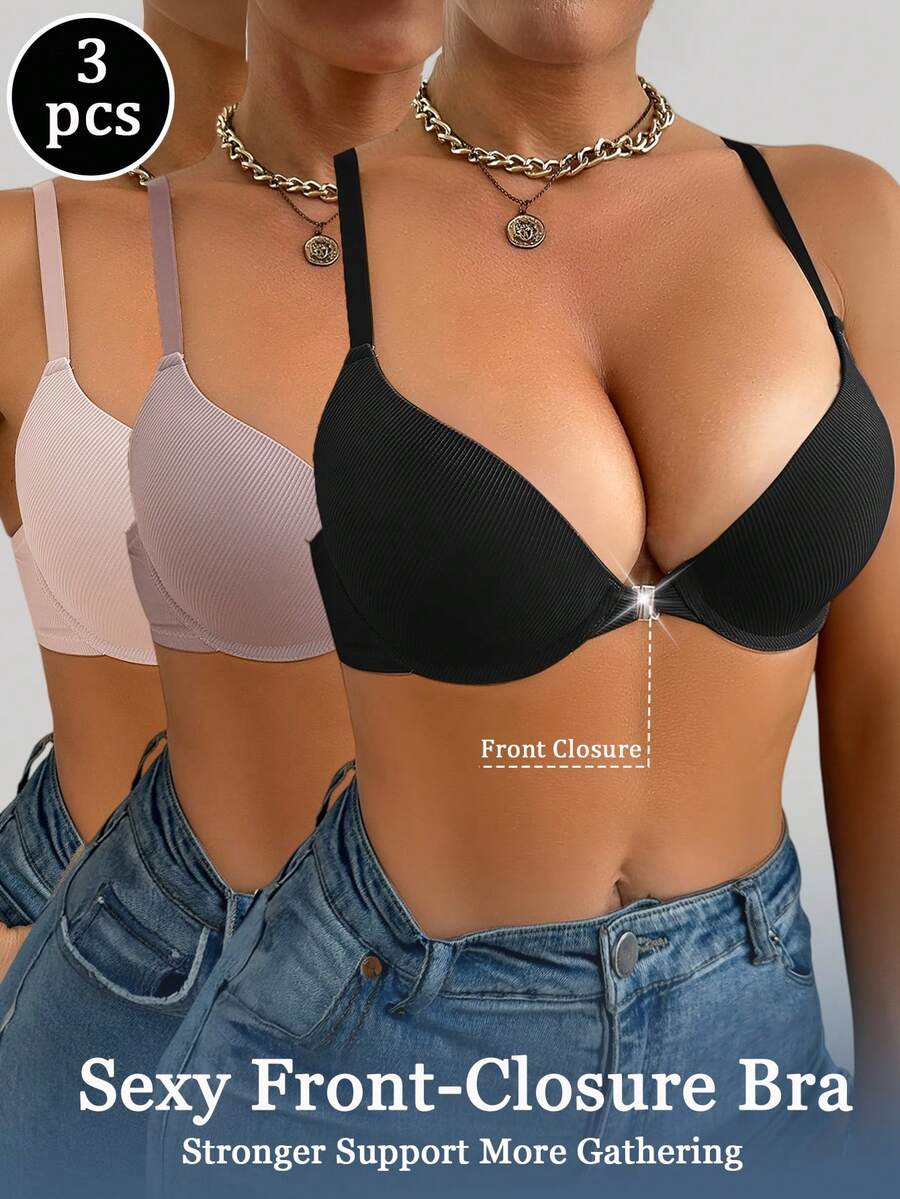 DesireSculpt Conjunto de 3 piezas de sujetador con cierre delantero en color albaricoque para mujeres