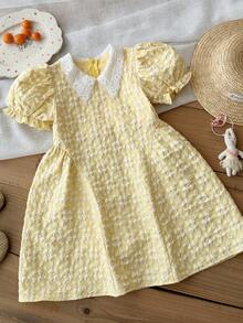 LMoss Kids Young Girl Woven Collared 3D Floral Puff Sleeve Casual Dress - Yellow - View 7