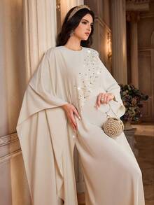Al Najma Women's Solid Color Faux Pearl Decor Round Neck Elegant Arabic Style Dress Abayas Dubai Luxury Arabic Dresses For Women Caftan Dress White Abaya Abaya For Women Dubai - Apricot - View 6