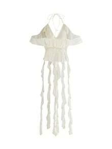 ROMWE Avant Blusa sexy con volantes y escote transparente, estilo vacacional - Blanco - Ver 2
