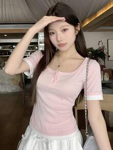 DAZY 女士圆领拼接休闲 T 恤 夏季 - 淺粉色 - 查看 4