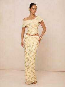 Lumalex Chân váy maxi đính sequin màu trơn, thanh lịch, đơn giản, lãng mạn, đa năng, màu be, cạp thấp, thích hợp cho mùa thu/đông, lễ tốt nghiệp, trang phục giáo viên dành cho nữ, tựu trường. - Màu be - Xem 10