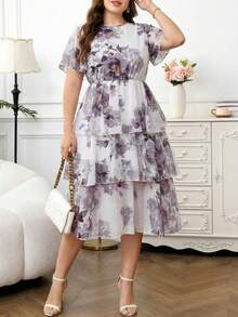 Reflora 大码女式印花褶皱圆领时尚约会连衣裙 - 彩色 - 查看 7