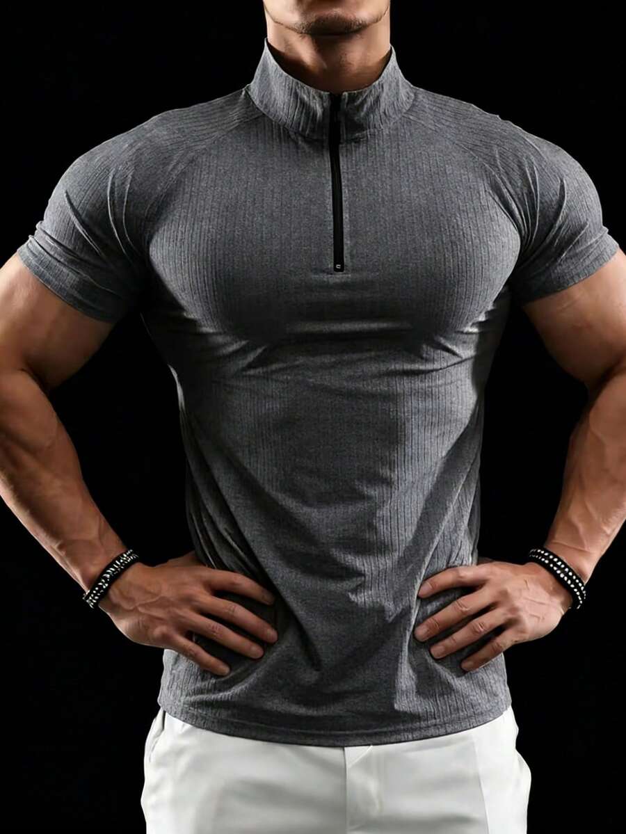 Gym Rark 男士条纹拉链半开襟短袖运动T恤 - 灰色 - 查看 1