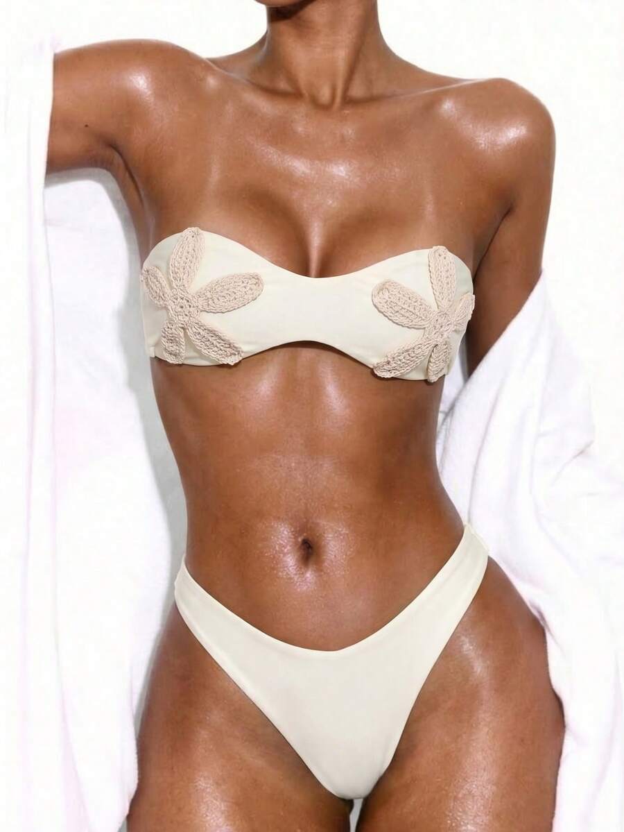 Oceva 女士夏季柔和米色优雅3D针织花卉海星装饰挂脖比基尼套装，性感海滩度假写真泳装 - 米色 - 查看 1