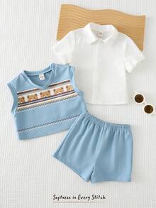 Cozy Pixies Bộ 3 món cho bé trai in hình động vật hoạt hình: áo polo cổ bẻ, áo ba lỗ và quần short cạp chun. - Màu xanh lam - Xem 6