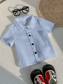 SHEIN Áo thun dệt kim tay ngắn cổ bẻ màu trắng unisex cho bé trai/bé gái, thích hợp mặc đi nghỉ mát mùa xuân/hè. - Màu xanh nhạt - Xem 4