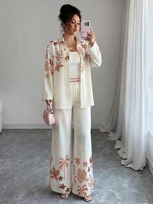 Modelyn 女士杏色梭织数码印花长袖纽扣休闲衬衫和直筒裤两件套，春夏款 - 杏色 - 查看 1