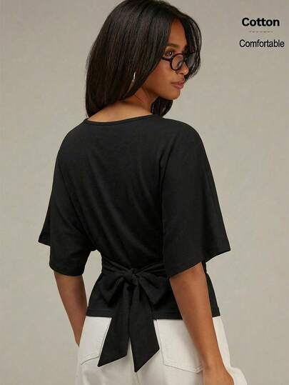 Athîral Women's Solid Color Bow Decor Casual Versatile Daily Wear Top
