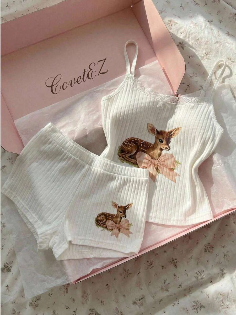 SHEIN CovetEZ Casual Women's White Rib-Knit Two-Piece Set With Deer Animal Print Camisole And Mini Shorts - White - View 1