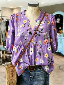 SHEIN JORESS Áo sơ mi vải lanh cỡ lớn dành cho nữ đi nghỉ mát - Màu tím - Xem 1