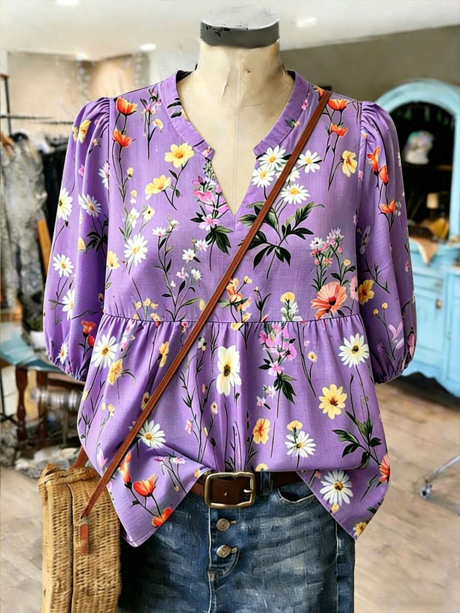SHEIN JORESS Áo sơ mi vải lanh cỡ lớn dành cho nữ đi nghỉ mát - Màu tím - Xem 1