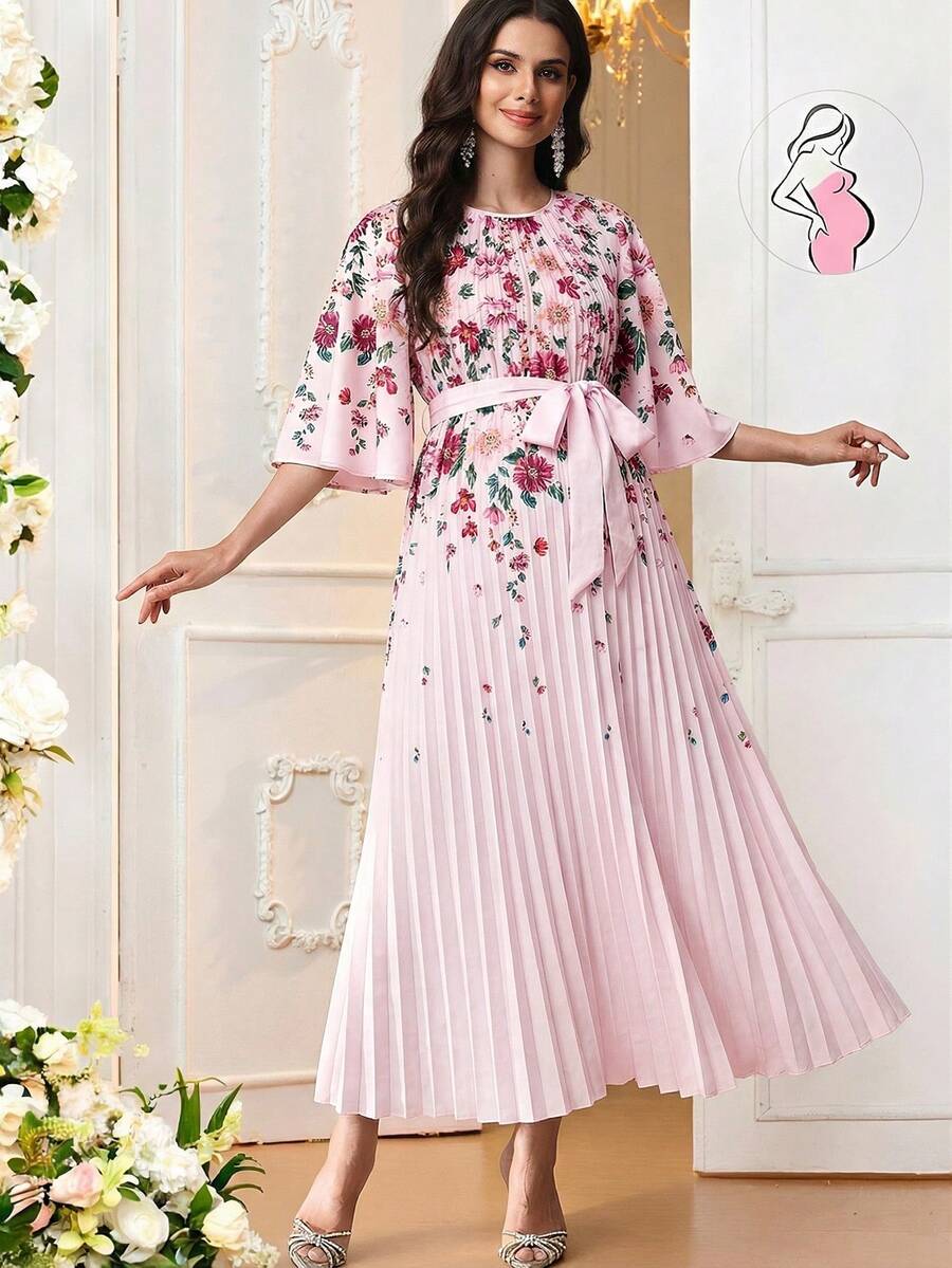 SHEIN 孕妇优雅印花荷叶袖系带连衣裙,度假风 - 淺粉色 - 查看 1
