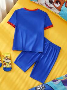 SHEIN | PAW Patrol Ensemble pyjama avec Top à manches courtes col rond et short, imprimé de dessins animés et colorblocking, pour jeune garçon - Bleu azur - Voir 3