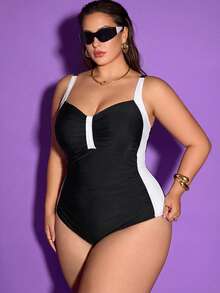 Shapewave Plus Size Women Contrast Color Ruched One-Piece Swimsuit - Black - View 6