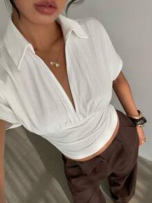 Aloruh Women's Spring/Summer Stand Collar V-Neck Solid White Fitted Short Sleeve Blouse Cinched Waist Top Ruched Top,Summer Top - White - View 3