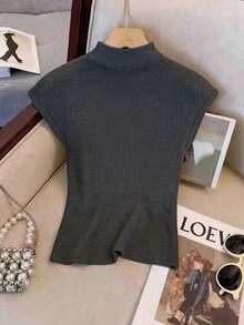 Resyla Suéter casual de mujer de unicolor con cuello en V - Gris Oscuro - Ver 2