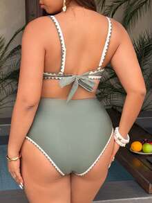 Swim Vcay 2026 New Plus Size Women 2-Piece Contrast Color Floral Elegant Fashion Swimwear Set - Olive Green - View 2