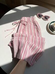 SHEIN PETITE CURVE Quần ống rộng kẻ sọc hồng dành cho nữ cỡ lớn, thích hợp mặc đi nghỉ mát. - Hồng - Xem 4