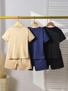 Souflis Souflis 3 sets/6 piezas Conjunto de camiseta de manga corta con estampado de eslogan y pantalones cortos casuales para niños, adecuado para uso diario, vacaciones, deportes, verano - Multicolor - Ver 2