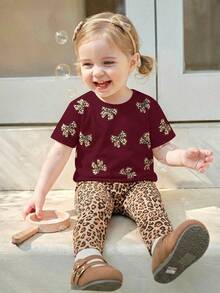 Baby Girl Casual Minimalist Round Neck Loose Short Sleeve T-Shirt And Leggings Set, Suitable For Spring/Summer - White - View 3