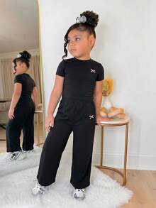 SHEIN 2pcs Young Girl Bow Print Knit Set, Casual Versatile Fashion Outfit - Black - View 3