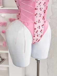 PetitDoll 樱桃印花网眼拼接系带吊带背心 - 珊瑚粉 - 查看 10