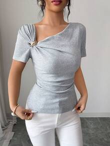 Elenzga 灰色夏季優雅休閒日常早午餐女款不對稱領口短袖T恤，鈕扣裝飾可追溯棉質柔軟羅紋上衣 - 灰色 - 查看 6